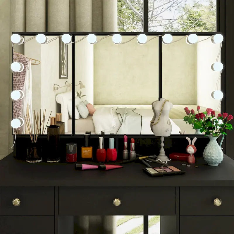 Schminktisch mit 3 Spiegeln, stilvoller Schminkorganizer mit 9 Schubladen