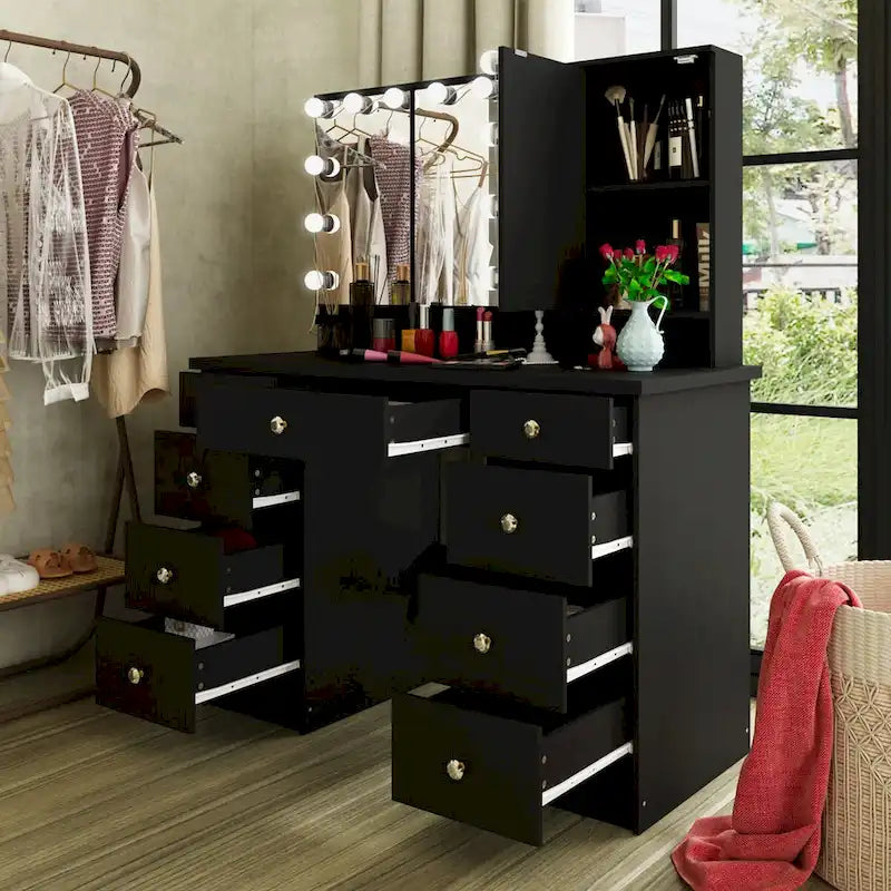 Schminktisch mit 3 Spiegeln, stilvoller Schminkorganizer mit 9 Schubladen