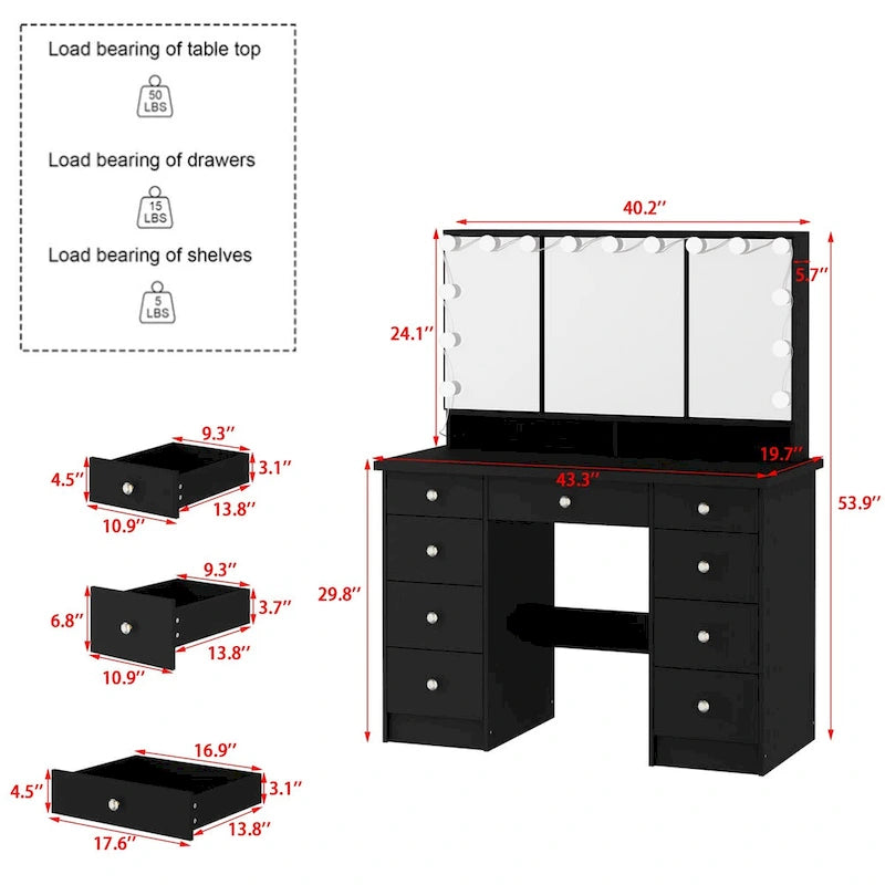 Schminktisch mit 3 Spiegeln, stilvoller Schminkorganizer mit 9 Schubladen