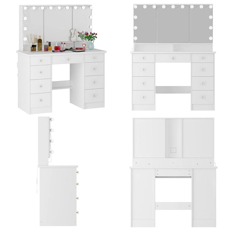 Schminktisch mit 3 Spiegeln, stilvoller Schminkorganizer mit 9 Schubladen