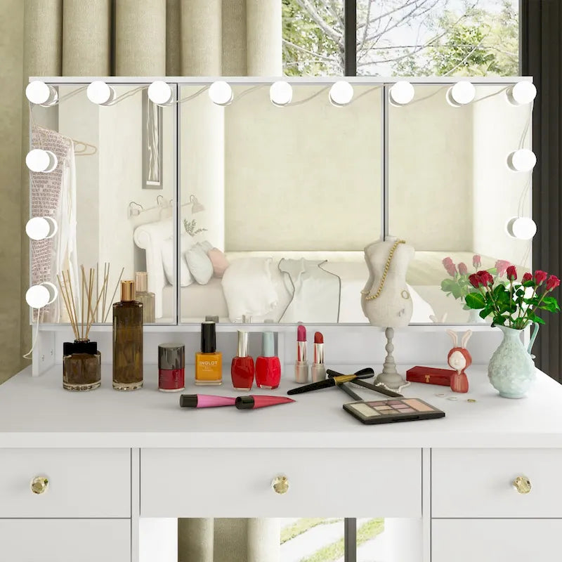Schminktisch mit 3 Spiegeln, stilvoller Schminkorganizer mit 9 Schubladen