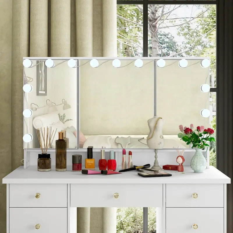Schminktisch mit 3 Spiegeln, stilvoller Schminkorganizer mit 9 Schubladen