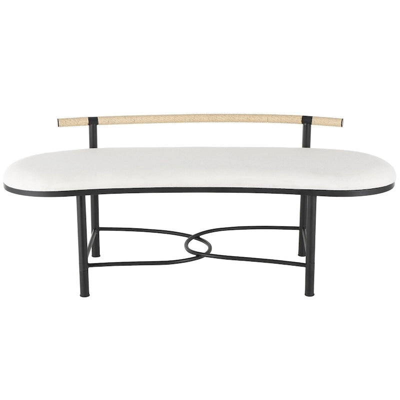 Moderner, minimalistischer ovaler Polsterhocker – mit schwarzem Metallgestell und rückenlehne in Seiloptik (weiß)