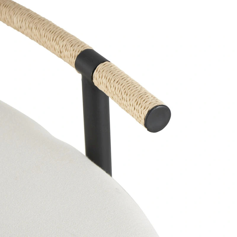 Moderner, minimalistischer ovaler Polsterhocker – mit schwarzem Metallgestell und rückenlehne in Seiloptik (weiß)