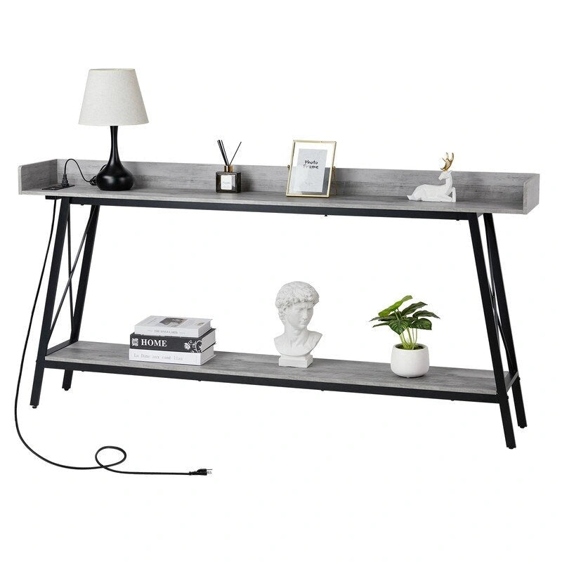 Konsolentisch, 70.9 inch, mit 2 Steckdosen und USB-Anschlüssen, Couchtisch im rustikalen Industrial-Stil fürs Wohnzimmer