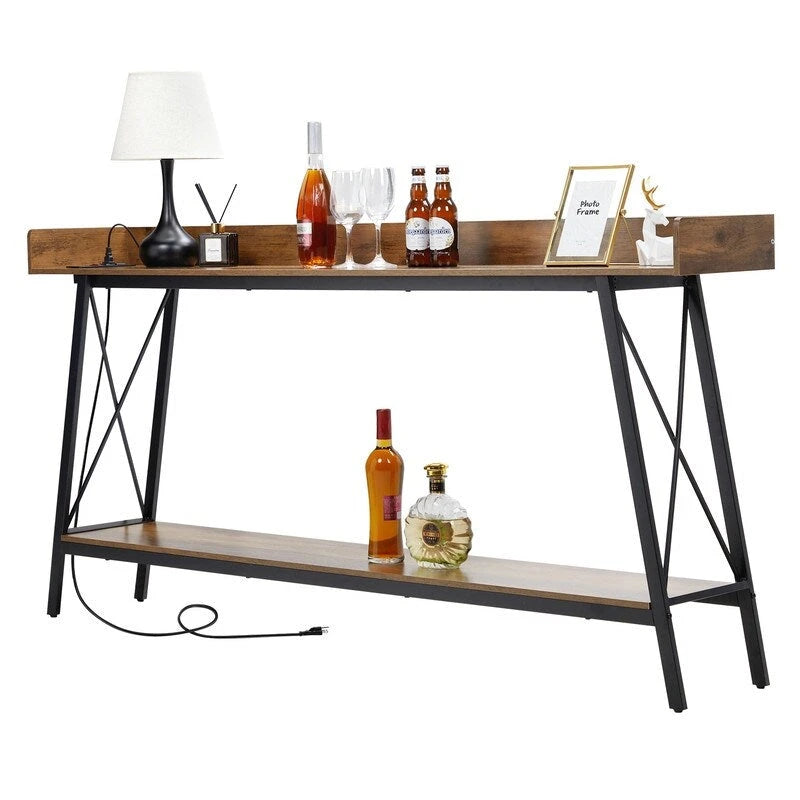 Konsolentisch, 70.9 inch, mit 2 Steckdosen und USB-Anschlüssen, Couchtisch im rustikalen Industrial-Stil fürs Wohnzimmer