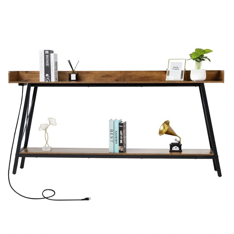 Konsolentisch, 70.9 inch, mit 2 Steckdosen und USB-Anschlüssen, Couchtisch im rustikalen Industrial-Stil fürs Wohnzimmer