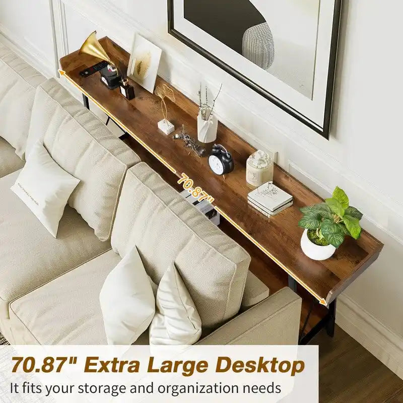 Konsolentisch, 70.9 inch, mit 2 Steckdosen und USB-Anschlüssen, Couchtisch im rustikalen Industrial-Stil fürs Wohnzimmer