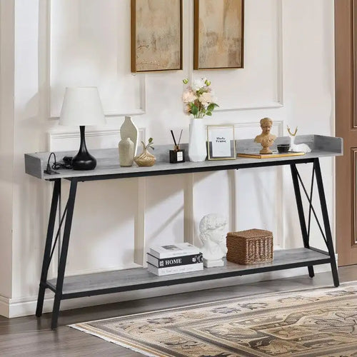 Konsolentisch, 70.9 inch, mit 2 Steckdosen und USB-Anschlüssen, Couchtisch im rustikalen Industrial-Stil fürs Wohnzimmer