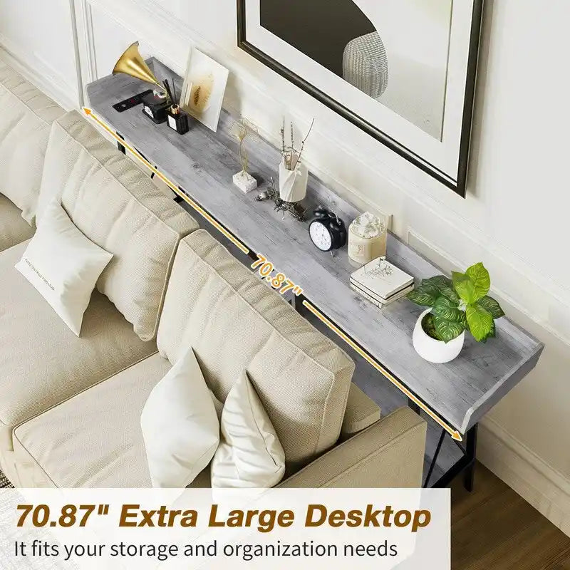 Konsolentisch, 70.9 inch, mit 2 Steckdosen und USB-Anschlüssen, Couchtisch im rustikalen Industrial-Stil fürs Wohnzimmer
